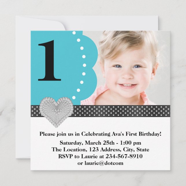 Invitación Fiesta de cumpleaños con foto azul turquesa (Anverso)