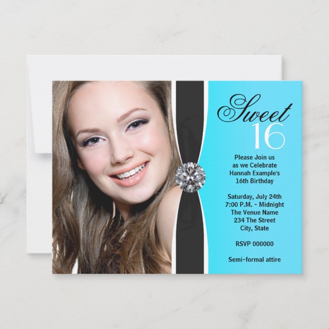 Invitación Fiesta de Cumpleaños con Foto Azul Turquesa y Negr (Anverso)