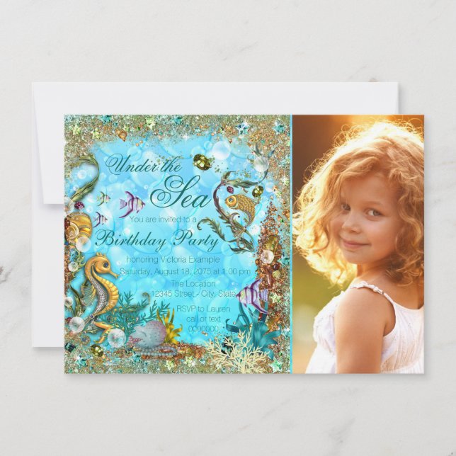 Invitación Fiesta de cumpleaños con foto bajo el mar (Anverso)