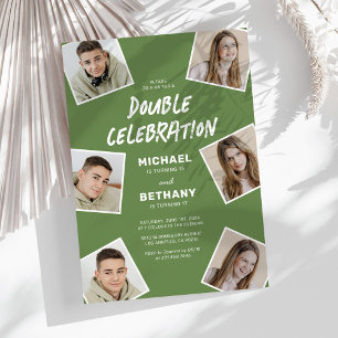 Invitación Fiesta de Cumpleaños con Foto Conjunta Verde Moder