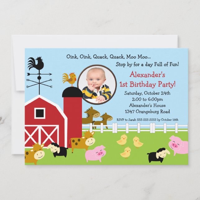 Invitación Fiesta de cumpleaños con foto de animal en Barn (Anverso)