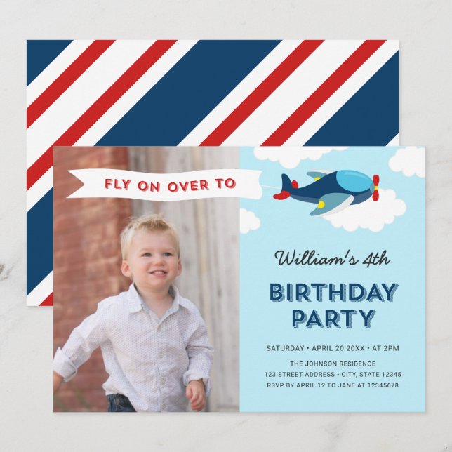 Invitación Fiesta de cumpleaños con foto de avión azul y rojo (Anverso / Reverso)