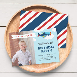 Invitación Fiesta de cumpleaños con foto de avión azul y rojo