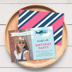 Invitación Fiesta de Cumpleaños con Foto de Avión Rosa, Azul