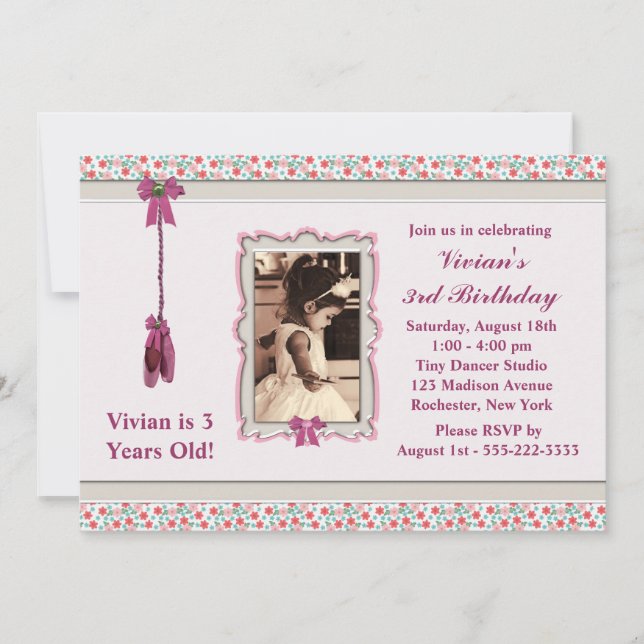 Invitación Fiesta de Cumpleaños con Foto de Bailarina de Ball (Anverso)
