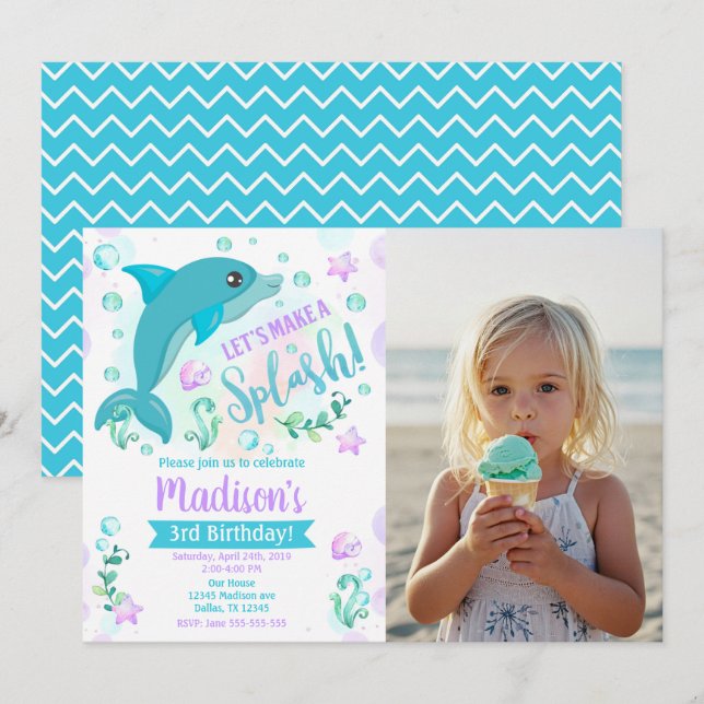 Invitación Fiesta de cumpleaños con foto de delfines en pisci (Anverso / Reverso)