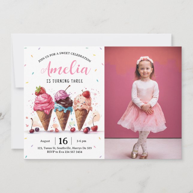 Invitación Fiesta de cumpleaños con foto de helado (Anverso)