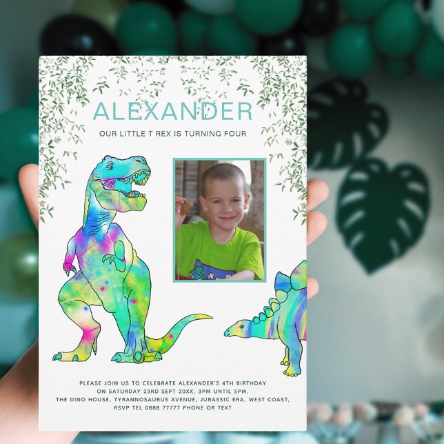 Invitación Fiesta de cumpleaños con foto de la jungla de dino (Dinosaur 4th birthday party with photo template)