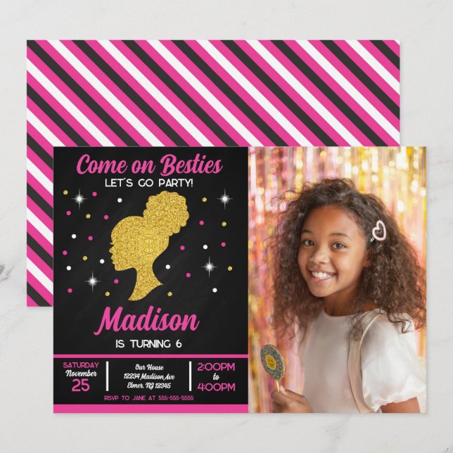 Invitación Fiesta de cumpleaños con foto de moda de muñecas r (Anverso / Reverso)