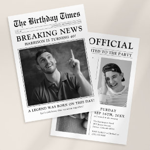Invitación Fiesta de cumpleaños con foto de periódico al esti