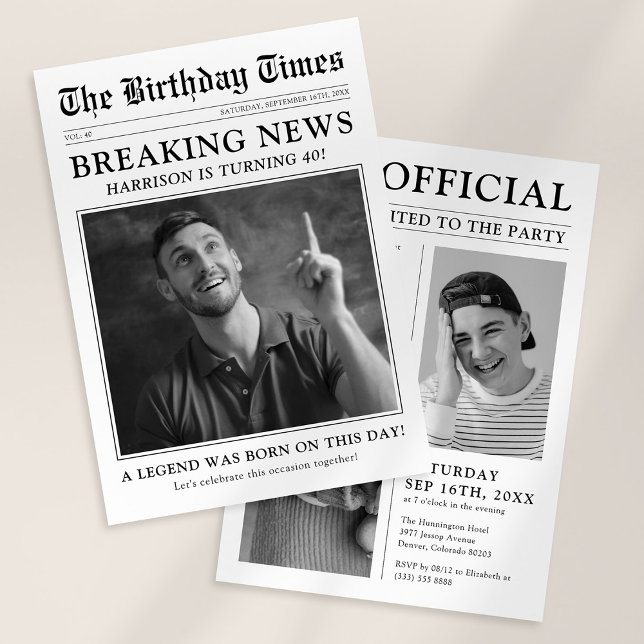 Invitación Fiesta de cumpleaños con foto de periódico al esti (Subido por el creador)