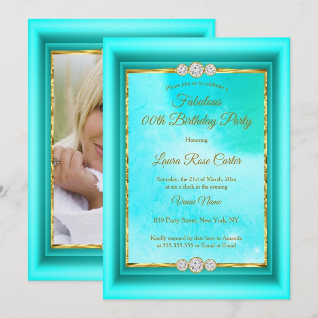 Invitación Fiesta de cumpleaños con foto dorada azul teal fab (Anverso / Reverso)
