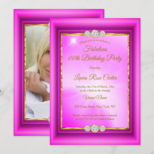 Invitación Fiesta de Cumpleaños con foto dorada rosa caliente