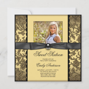 Invitación Fiesta de Cumpleaños con Foto en Negro y Dorado