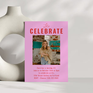Invitación Fiesta de Cumpleaños con Foto en Rosa y Rojo Inten