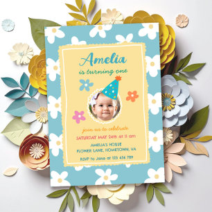 Invitación Fiesta de cumpleaños con foto floral colorida