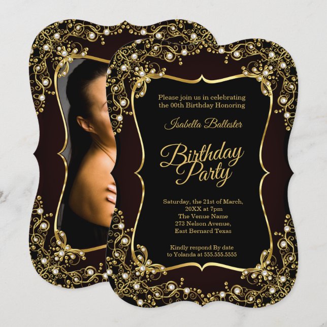 Invitación Fiesta de cumpleaños con foto perlas negras dorada (Anverso / Reverso)