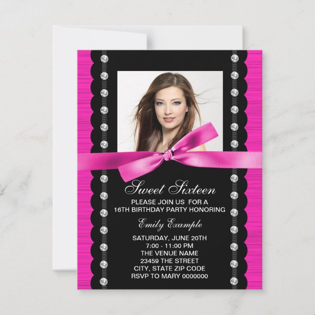 Invitación Fiesta de Cumpleaños con Foto Rosa Brillante (Anverso)