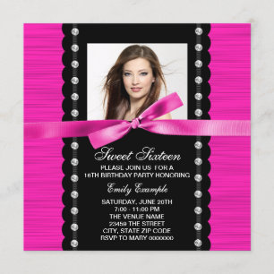 Invitación Fiesta de Cumpleaños con Foto Rosa Brillante