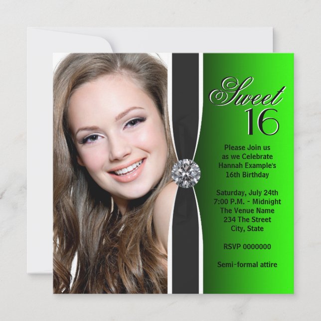 Invitación Fiesta de Cumpleaños con Foto Verde y Negra (Anverso)