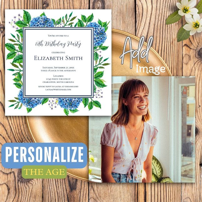 Invitación Fiesta de Cumpleaños con Foto y Hortensias Azules  (Front / Back)