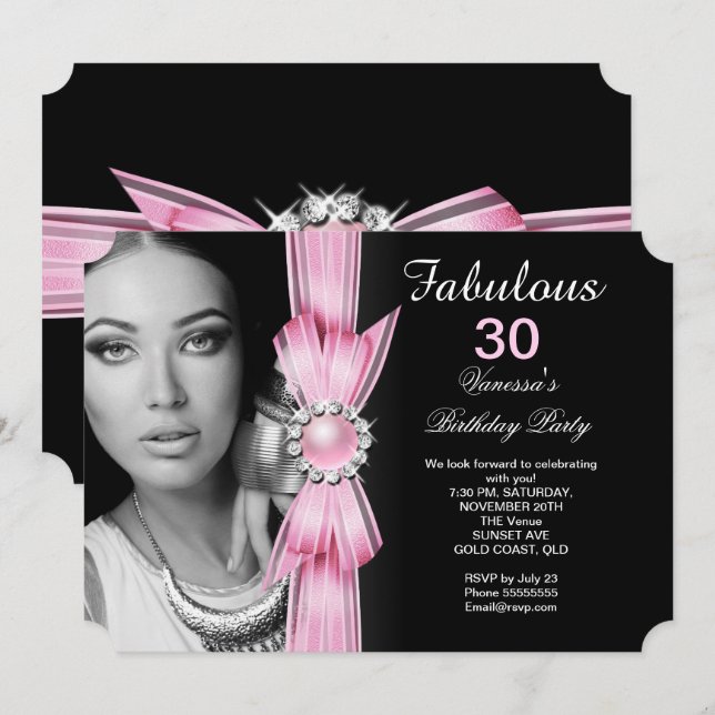 Invitación Fiesta de Cumpleaños con Fotos Fabulosas Rosa Suav (Anverso / Reverso)