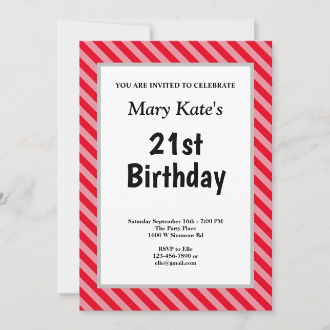 Invitación Fiesta de cumpleaños con franjas rojas (Anverso)