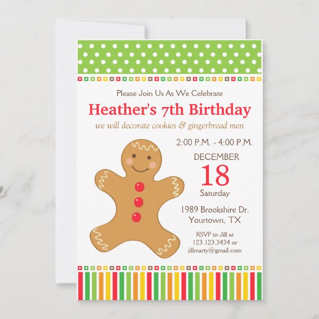 Invitación Fiesta de Cumpleaños con Galletas de Jengibre (Anverso)