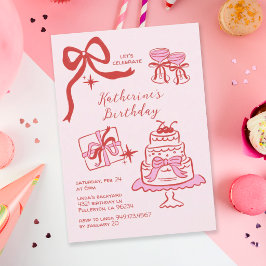 Invitación Fiesta de Cumpleaños con Garabatos Rosados y Rojos