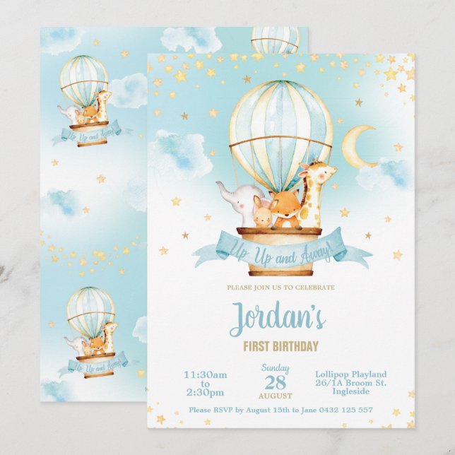 Invitación Fiesta de cumpleaños con globo aerostático mate an (Anverso / Reverso)