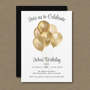 Invitación Fiesta de cumpleaños con globo de brillo falso dor