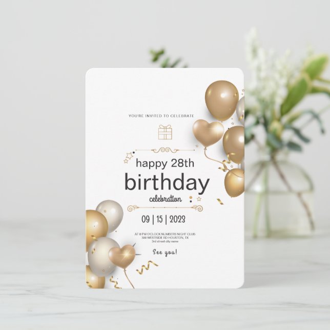 Invitación Fiesta de Cumpleaños con Globos Blancos y Dorados (Anverso de pie)