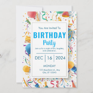 Invitación Fiesta de Cumpleaños con Globos de Confeti Vibrant