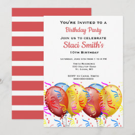 Invitación Fiesta de Cumpleaños con Globos Niña 10 