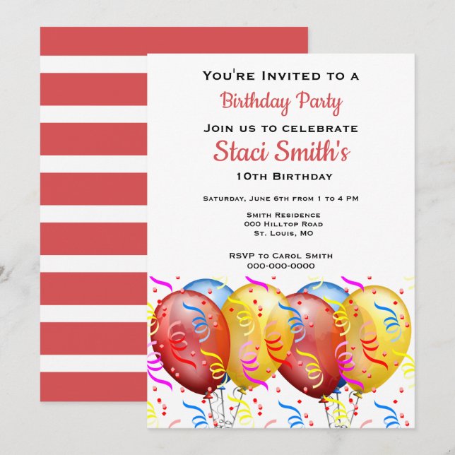 Invitación Fiesta de Cumpleaños con Globos Niña 10  (Anverso / Reverso)