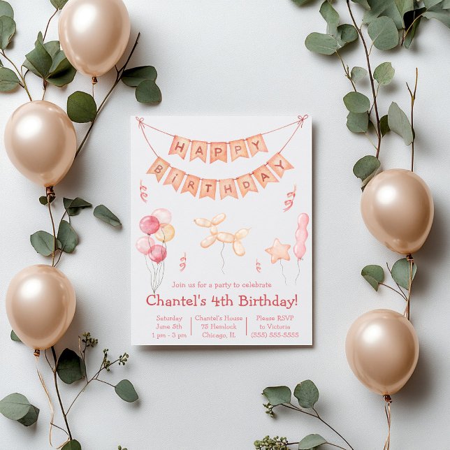 Invitación Fiesta de Cumpleaños con Globos y Bandera Rosa (Subido por el creador)