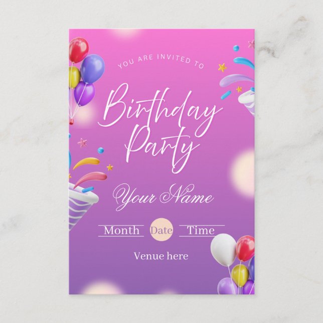 Invitación Fiesta de Cumpleaños con Globos y Morado Vibrante  (Anverso)
