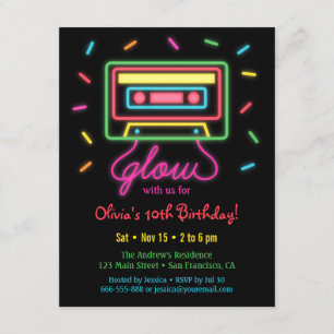 Invitación Fiesta de Cumpleaños con Glow de Neón de Casete Re