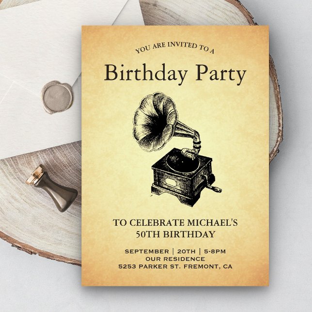 Invitación Fiesta de Cumpleaños con Gramófono Antiguo (Subido por el creador)
