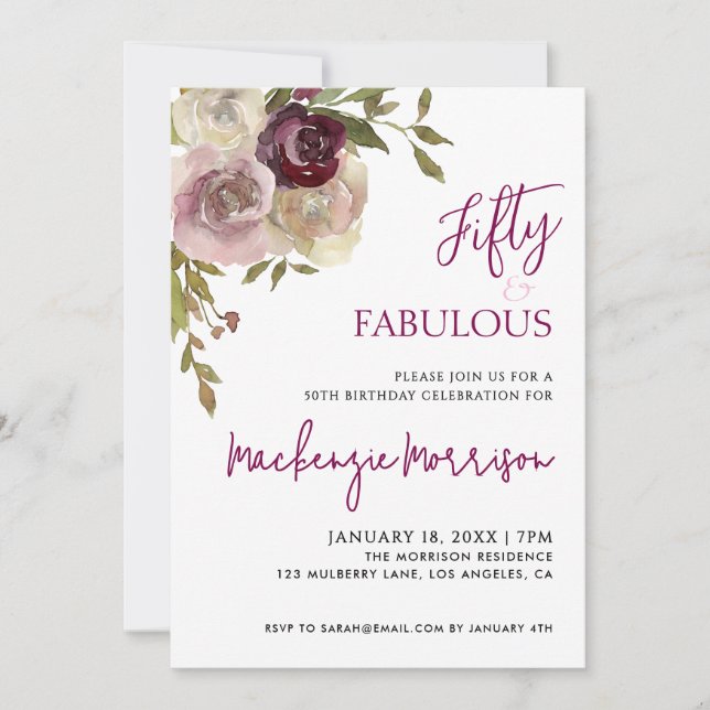 Invitación Fiesta de cumpleaños con guión floral Fifty y fabu (Anverso)