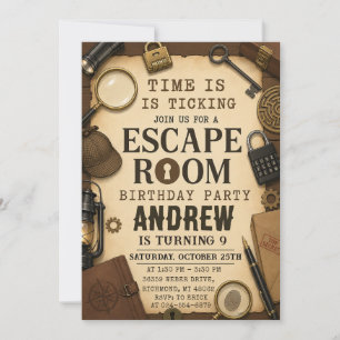 Invitación Fiesta de cumpleaños con habitación de escape mist