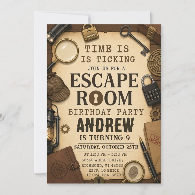 Invitación Fiesta de cumpleaños con habitación de escape mist (Anverso)