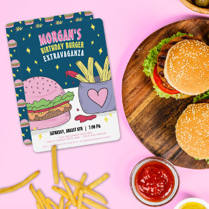 Invitación Fiesta de Cumpleaños con Hamburguesa Rosa y Papas