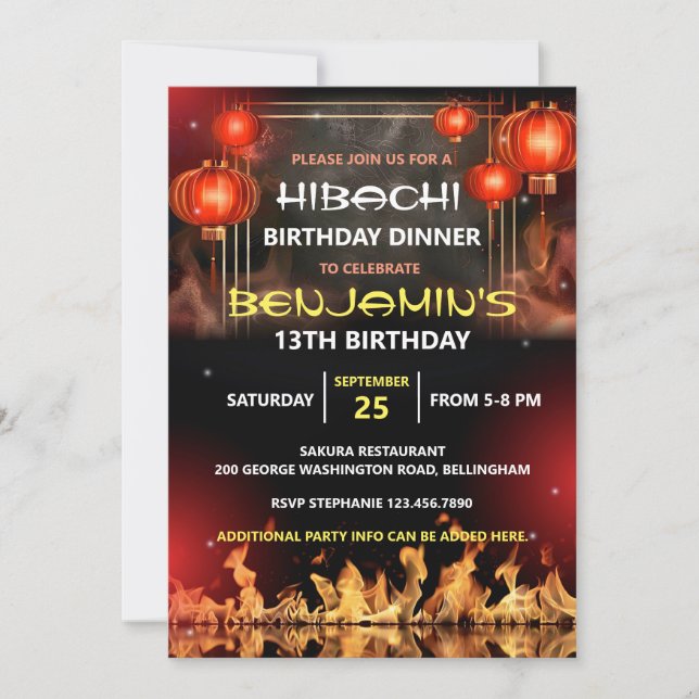Invitación Fiesta de cumpleaños con hibachi (Anverso)