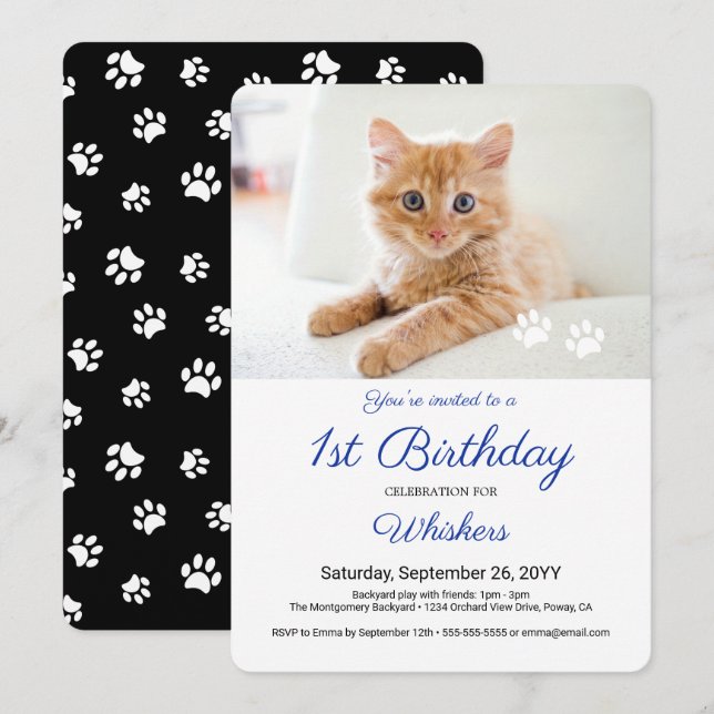 Invitación Fiesta de Cumpleaños con Huellas de Pata y Foto de (Anverso / Reverso)