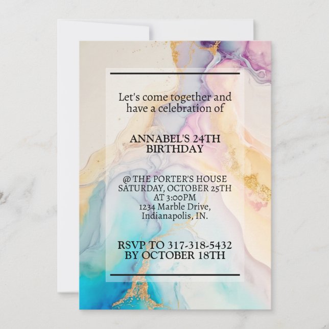 Invitación Fiesta de Cumpleaños con Impresión de Mármol Hermo (Anverso)