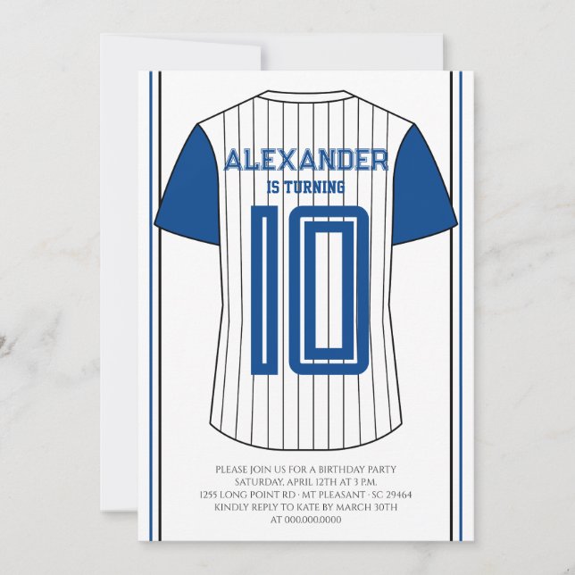 Invitación Fiesta de Cumpleaños con Jersey Azul de Béisbol (Anverso)
