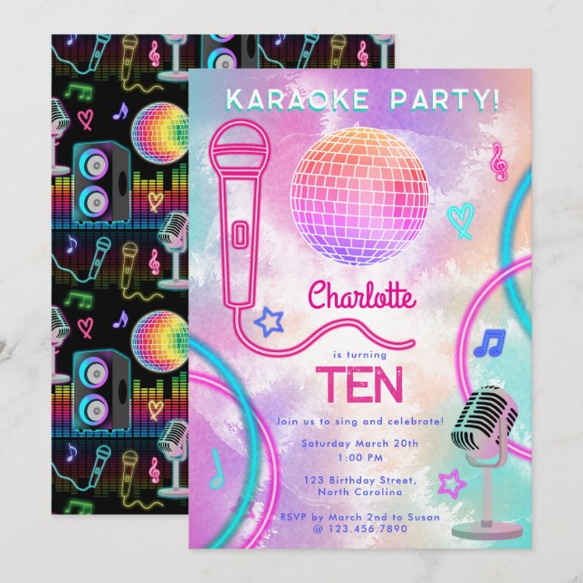 Invitación Fiesta de Cumpleaños con Karaoke Neon Glow Tie Dye (Anverso / Reverso)