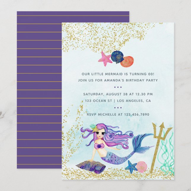 Invitación Fiesta de cumpleaños con la temática de la sirena  (Anverso / Reverso)