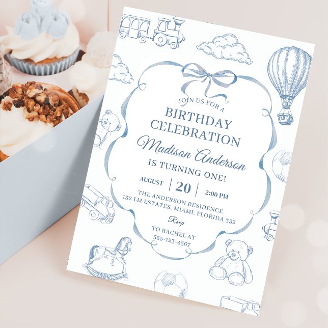 Invitación Fiesta de Cumpleaños con Lazo Azul Toile De Jouy (Subido por el creador)